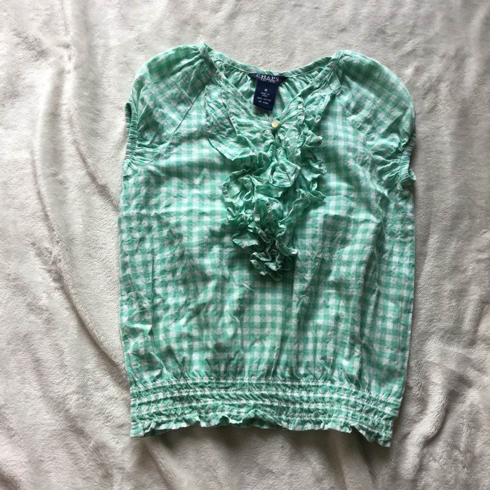 Chaps Girl’s Plaid Top ruffle short sleeves-size 6